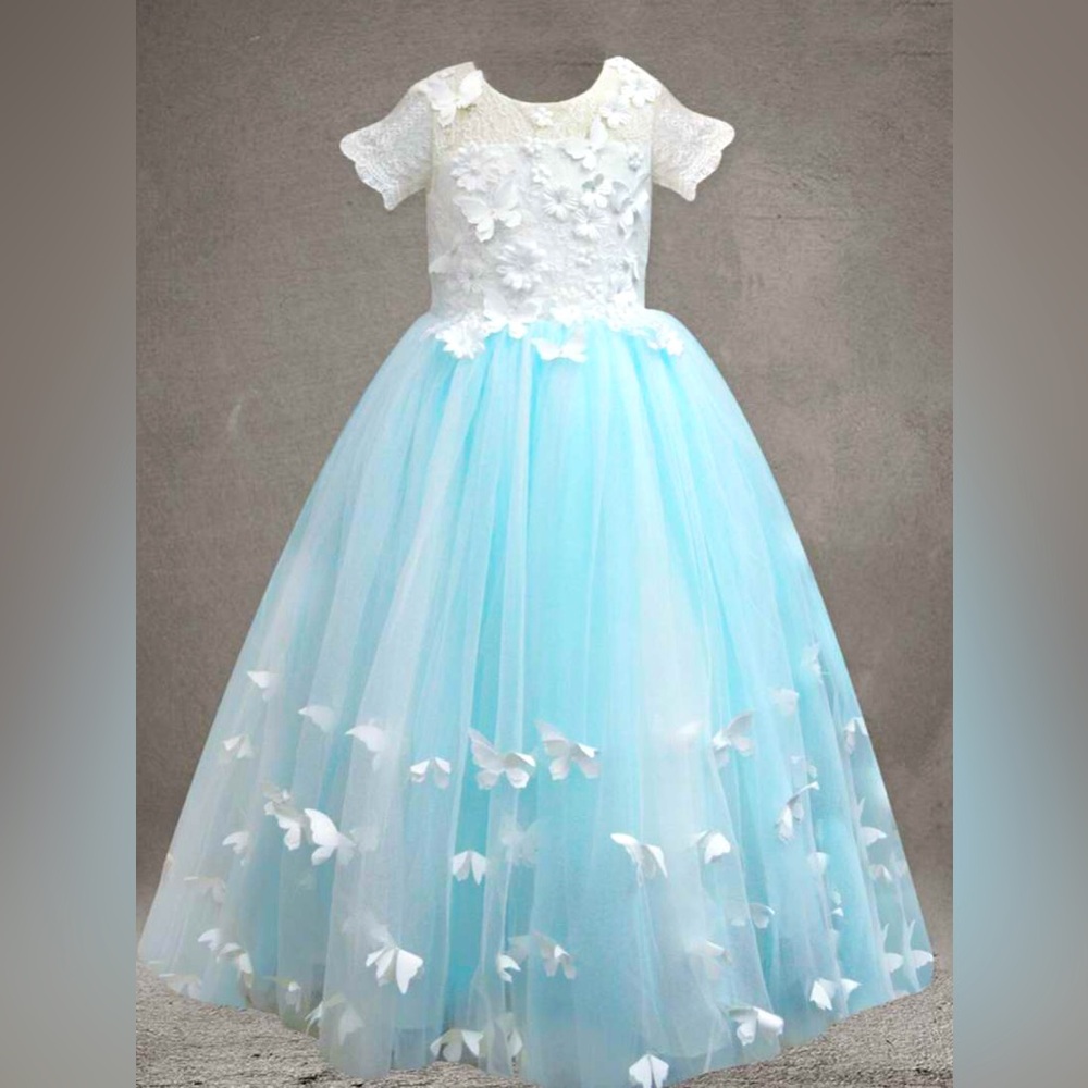 Girls 10 11 12 dress 👗 formal wedding flower girl blue white butterfly lace